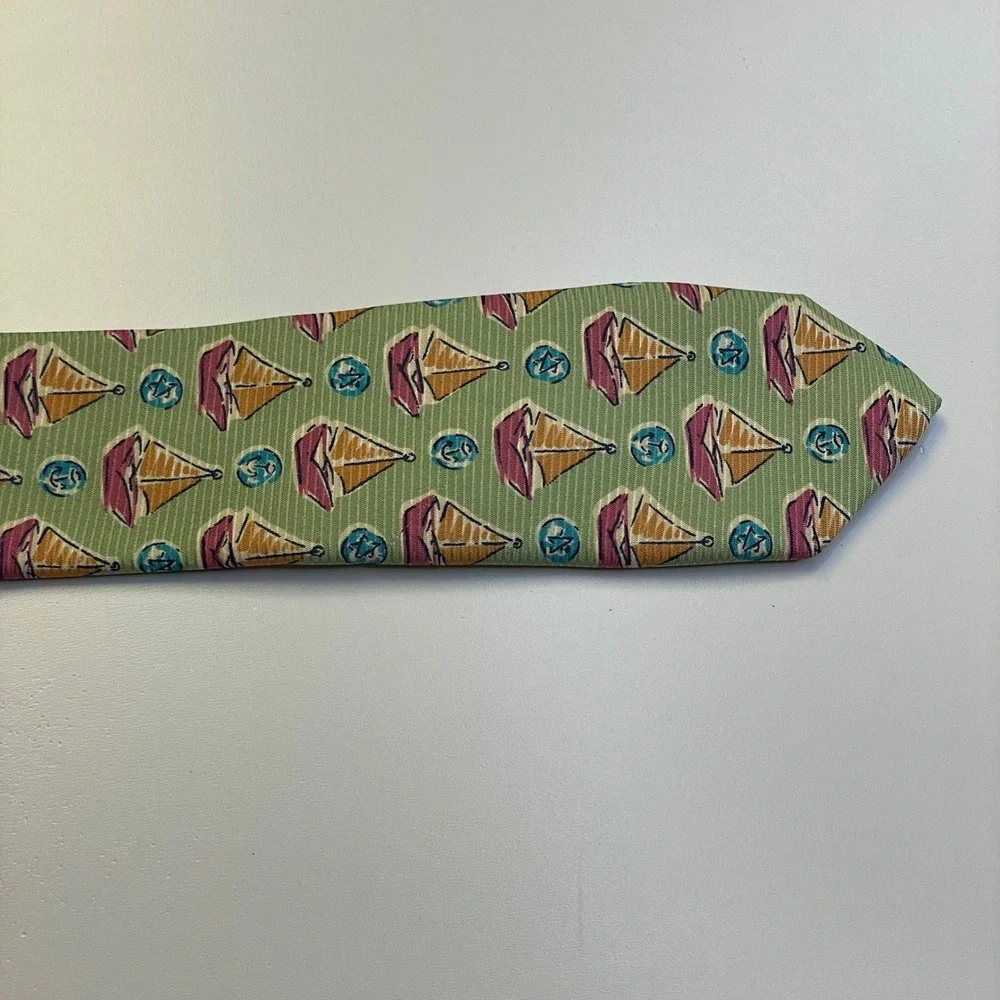 Banana Republic Sail Boat Necktie Mens Green Orange Italian Silk 58